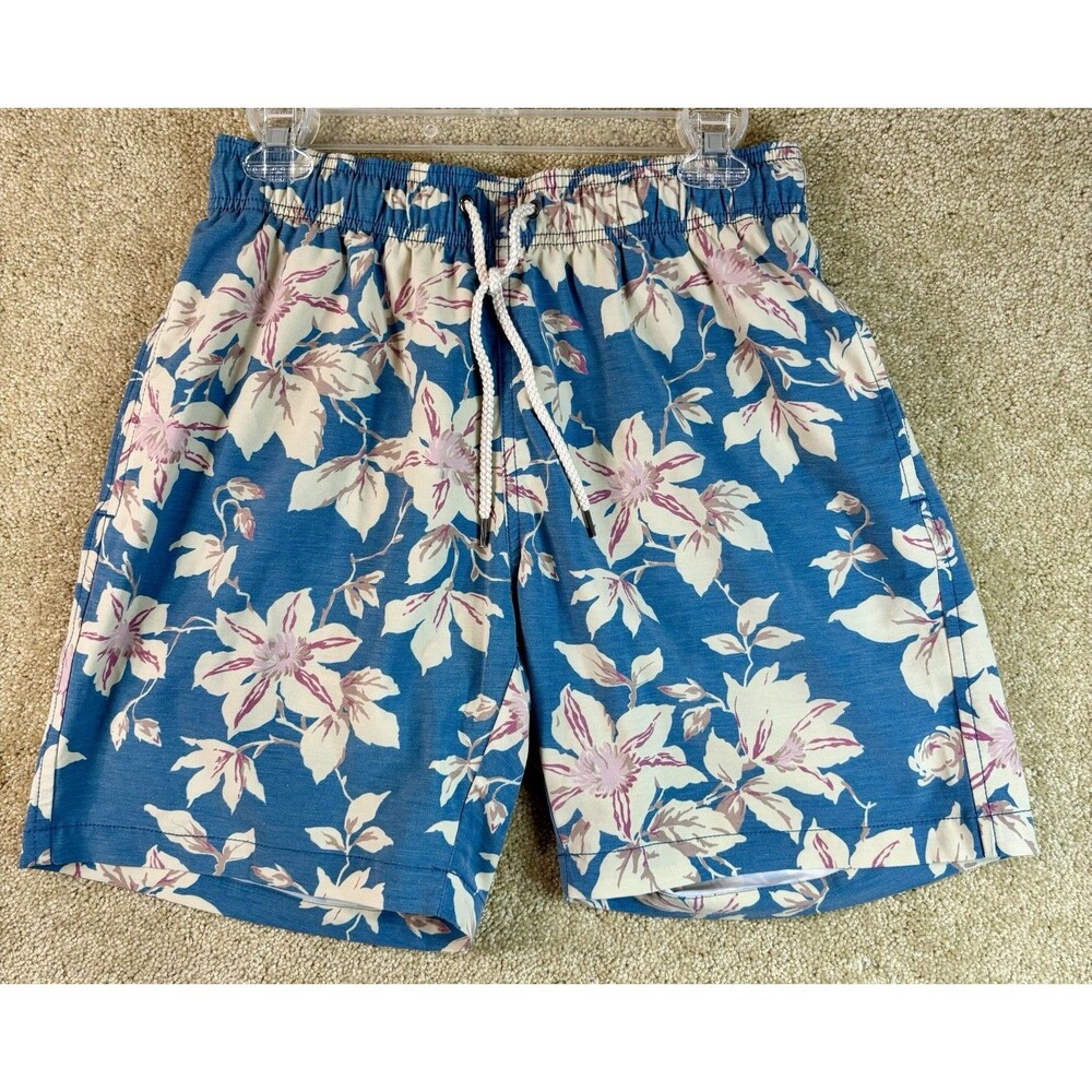 Faherty Men’s 7" Swim Trunks Large Blue Tropical Blossom Floral Lined EUC